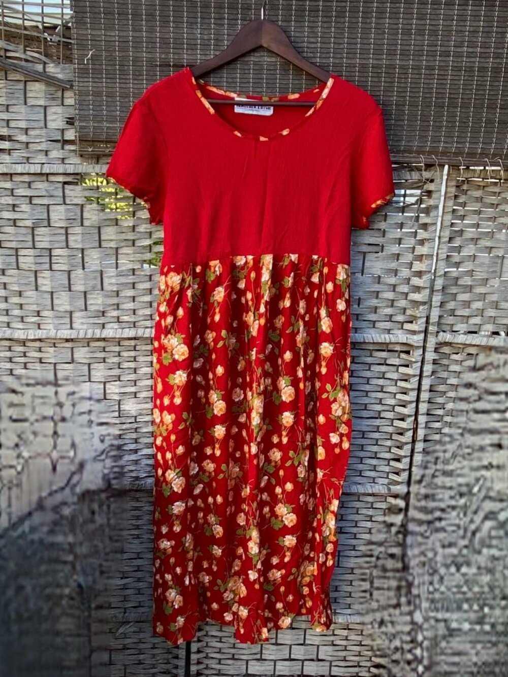 90s Another Thyme Red Crinkle Dress Flower Floral Skirt Vintage Phases Class